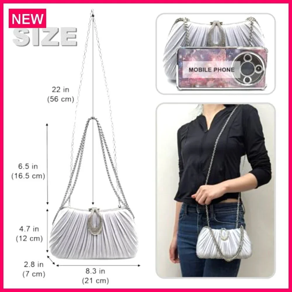 Satin Evening Clutch with Detachable Chain, Formal Wedding Party Bag
